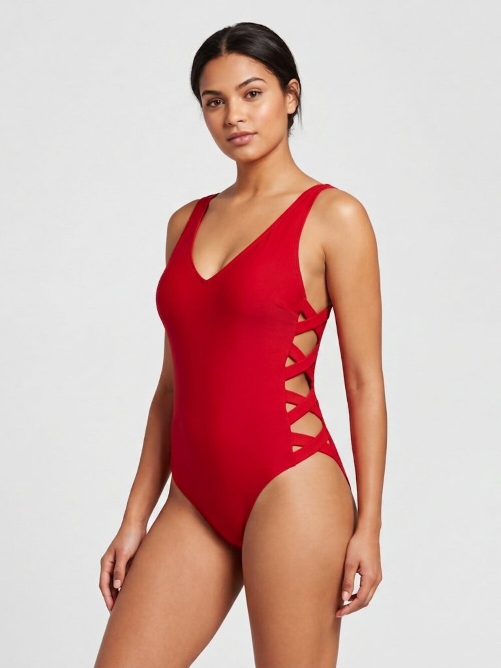 Womens One Piece Swimsuit Red V-Neck Side Cutout Strap Beach Vacation Y2K Size M